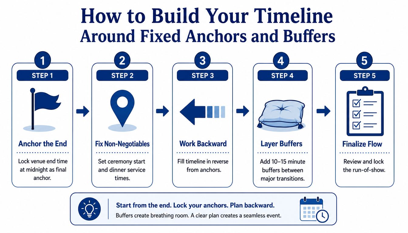 A five step guide for building a wedding timeline using fixed anchors and time buffers for planning.