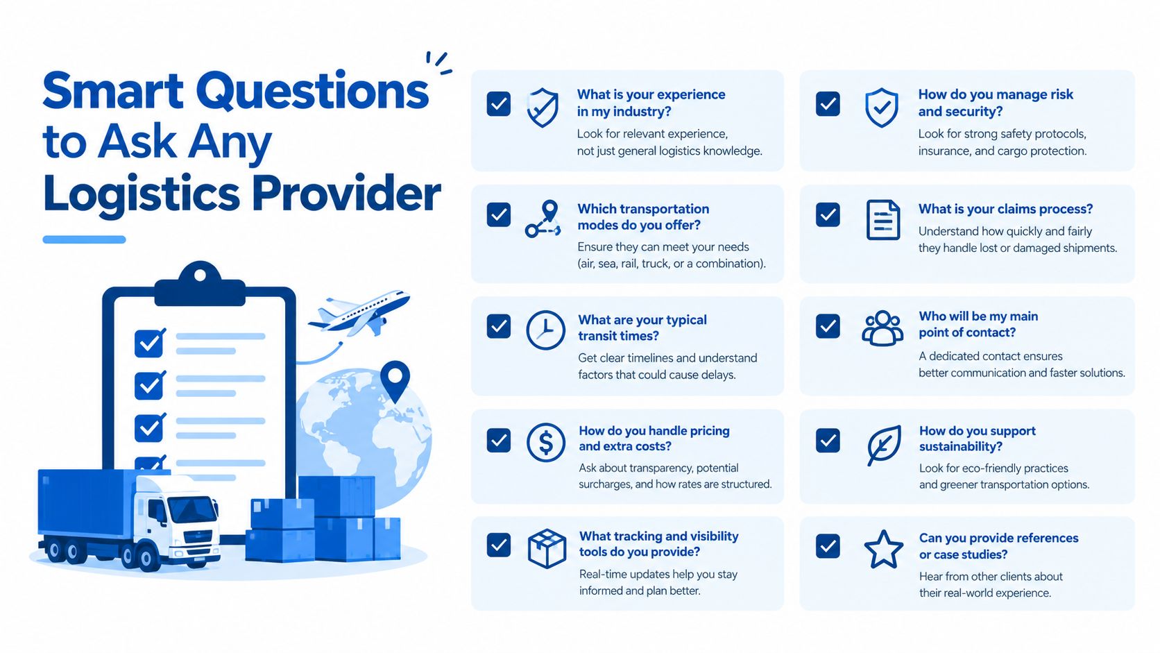 A graphic featuring ten essential questions to ask logistics providers when evaluating transportation and supply chain services.