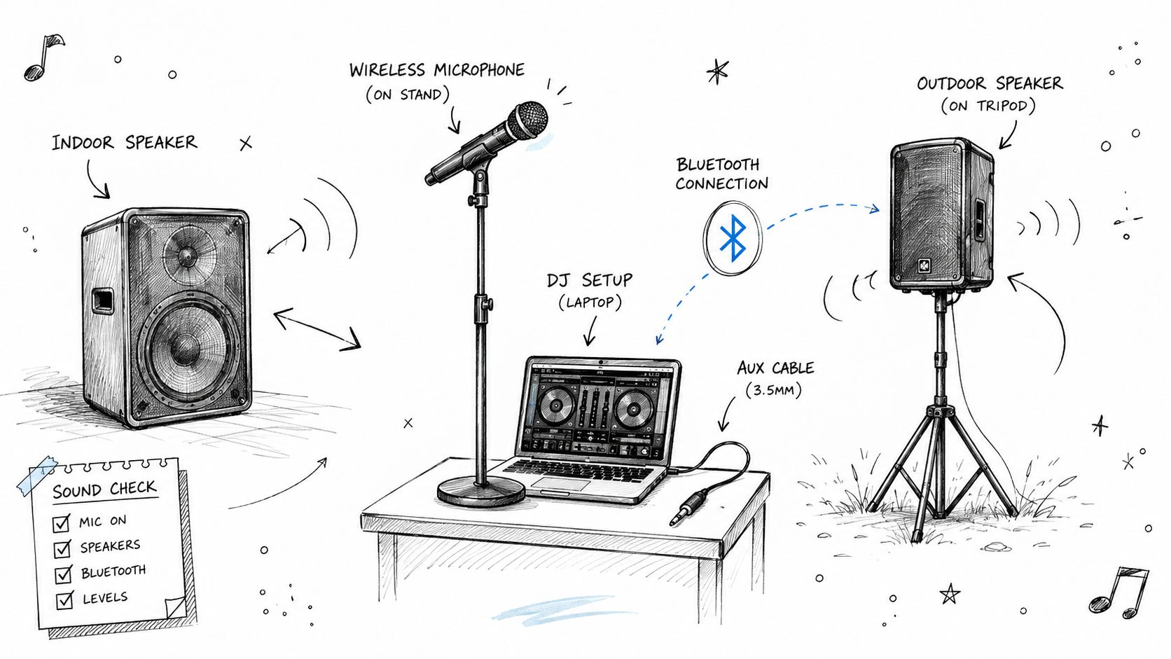 A hand-drawn illustration showing a DJ laptop setup with a microphone, indoor speaker, and outdoor speaker.