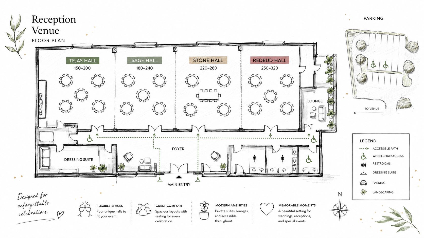 A detailed architectural floor plan of a reception venue featuring four halls, a foyer, and parking.