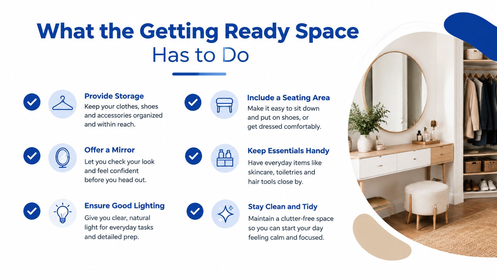 A checklist infographic illustrating the essential features of a organized and functional getting ready space for weddings.
