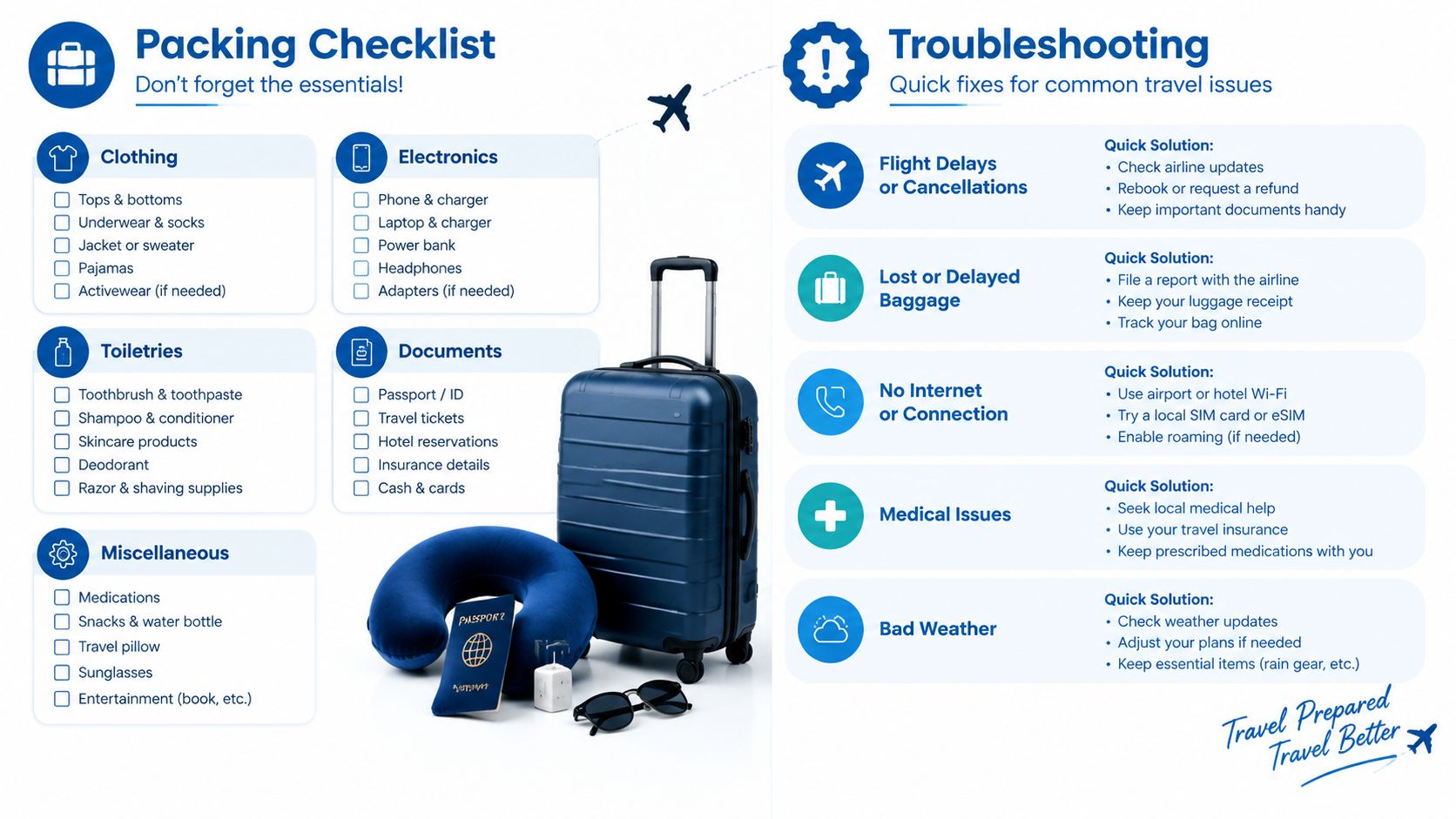 A travel infographic showing a packing checklist and troubleshooting tips for common travel issues and delays.