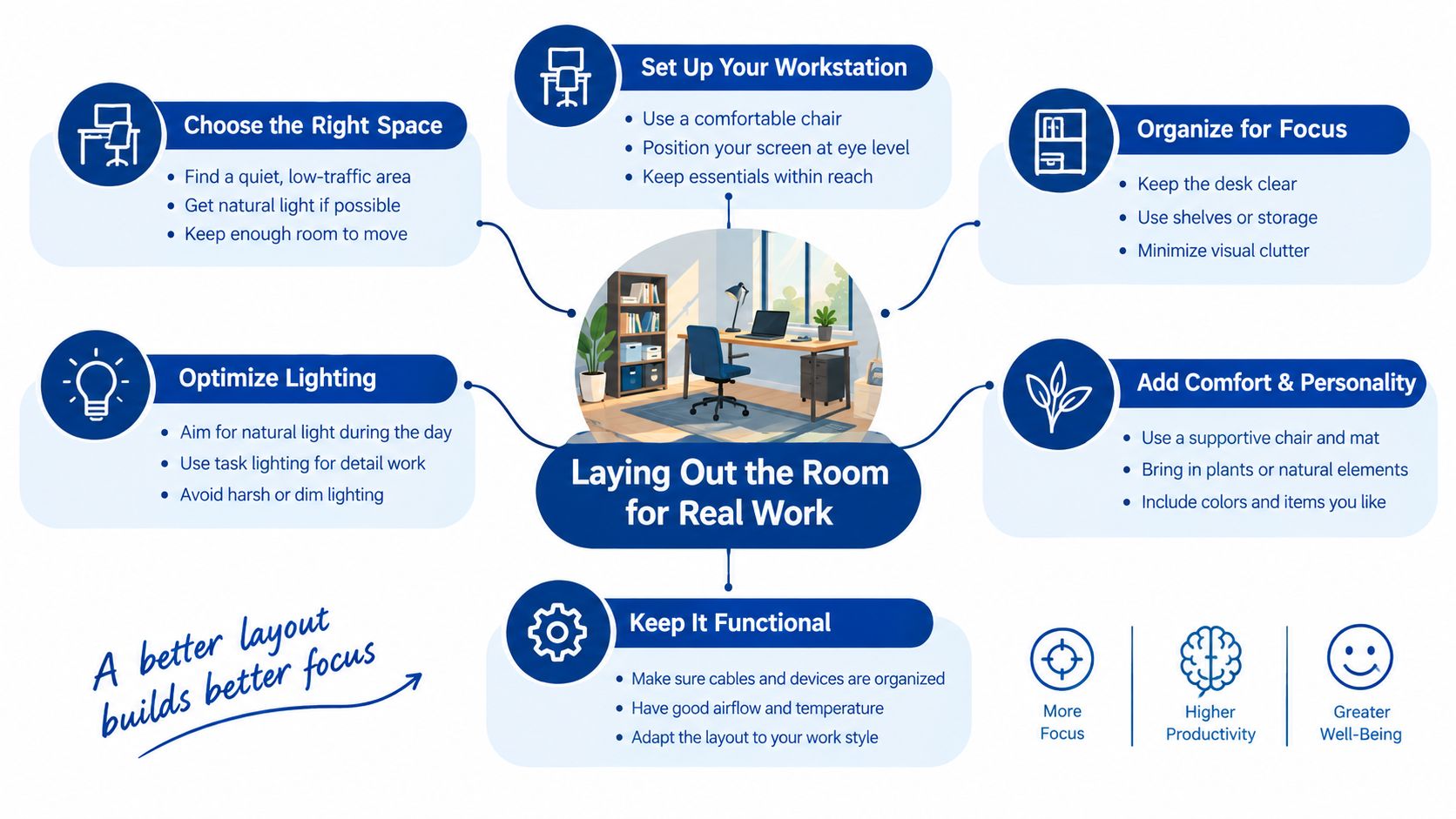 An infographic showing tips for creating an organized and comfortable workspace to improve productivity and well-being.