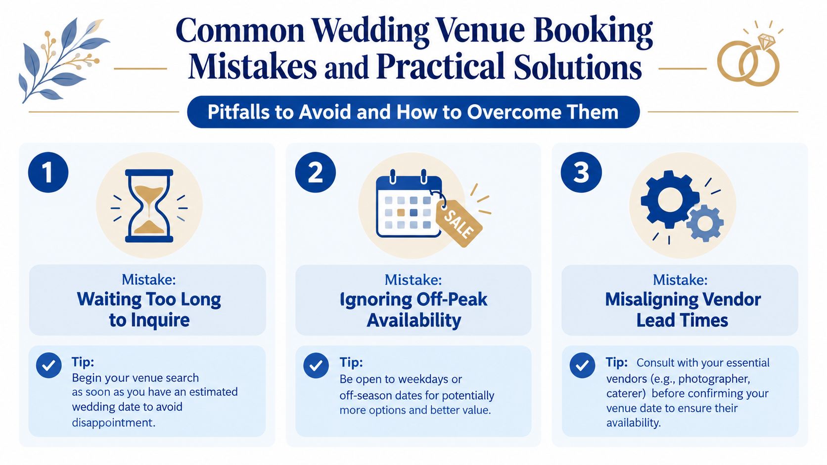An infographic detailing common wedding venue booking mistakes and practical tips to avoid them effectively.