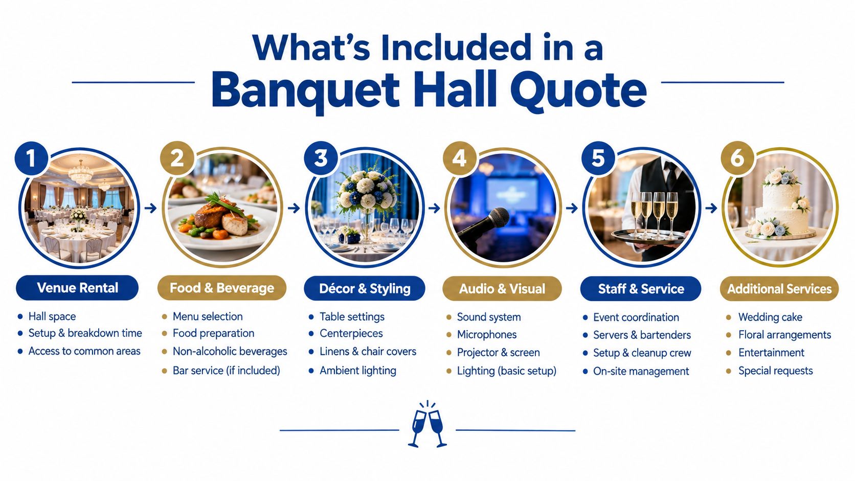 An infographic titled What's Included in a Banquet Hall Quote, illustrating six key service categories for event planning.
