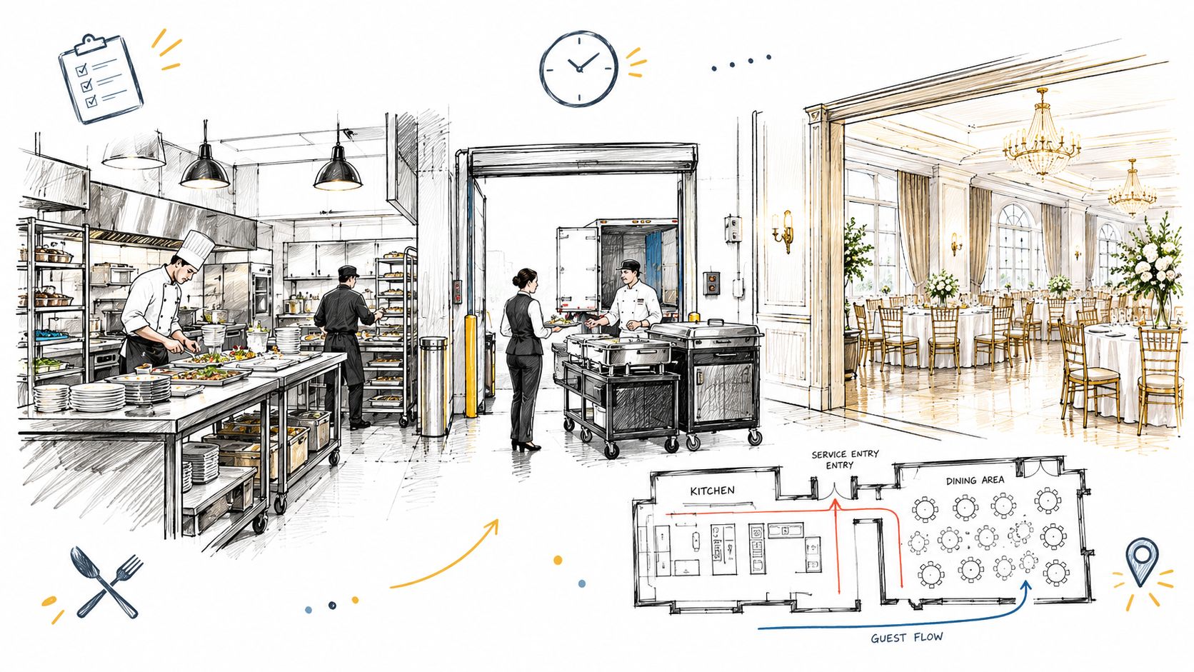 A professional catering kitchen in operation with chefs preparing food alongside a formal dining hall layout.