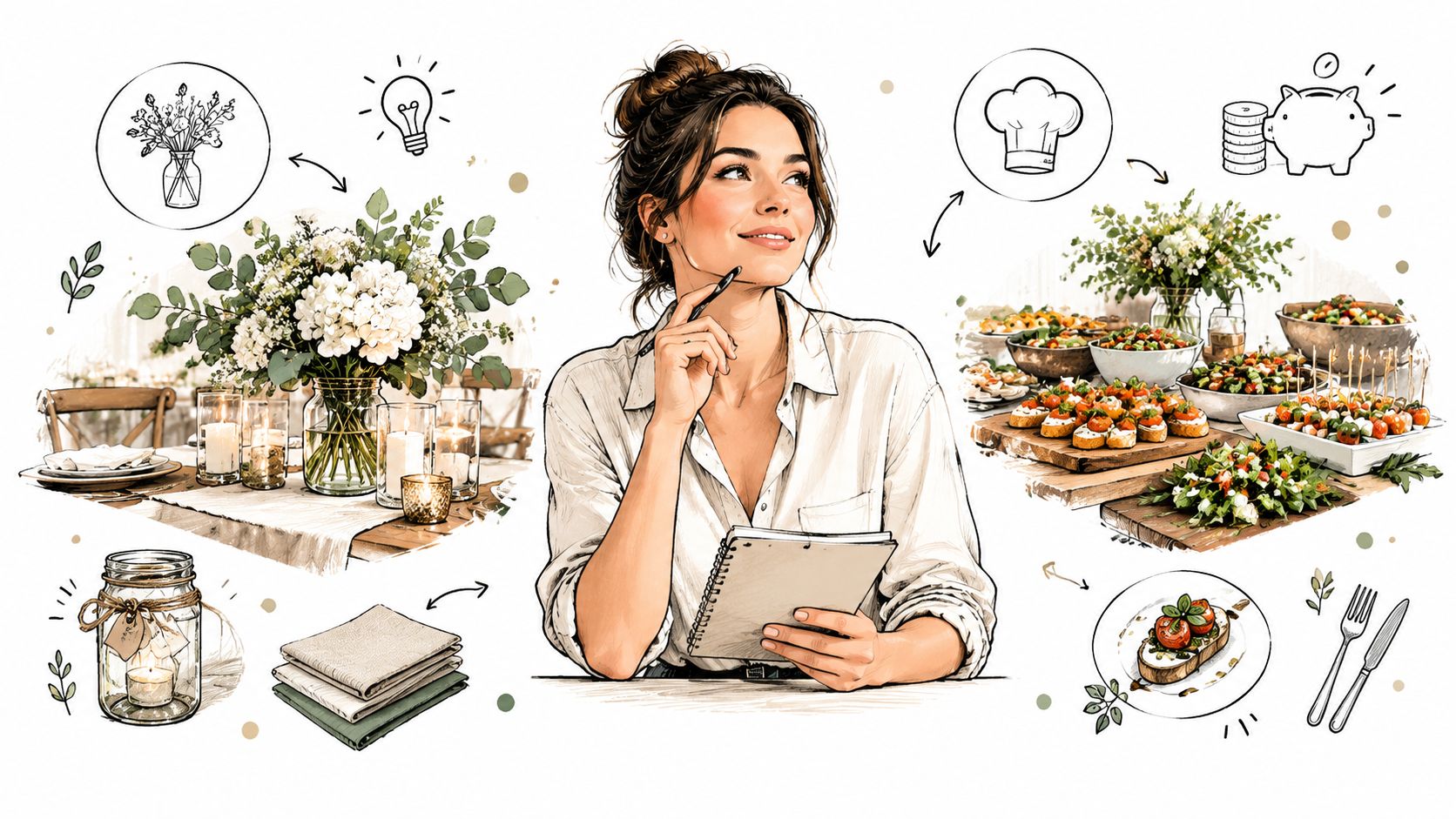 A woman planning an event with sketches of flowers, catering, and budget-friendly table decor options.