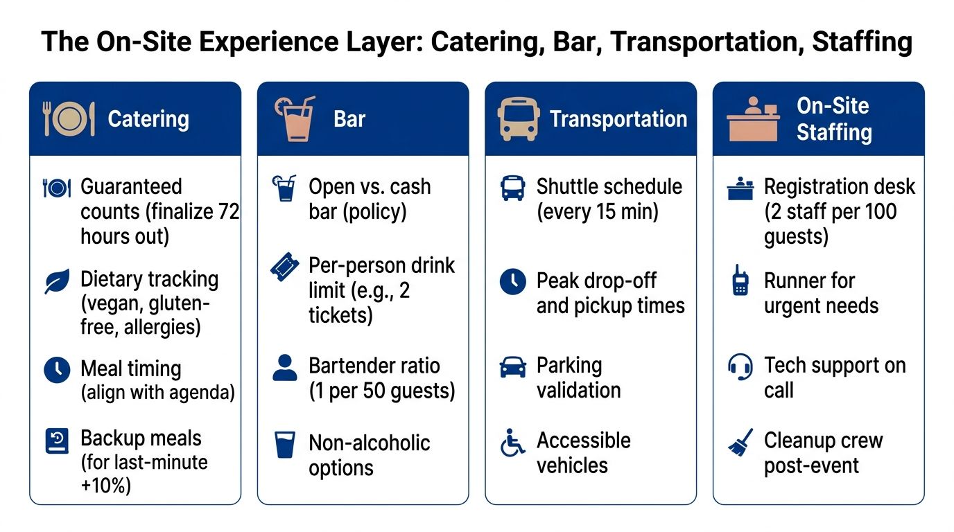 A planning guide showing considerations for catering, bar, transportation, and staffing at corporate events.