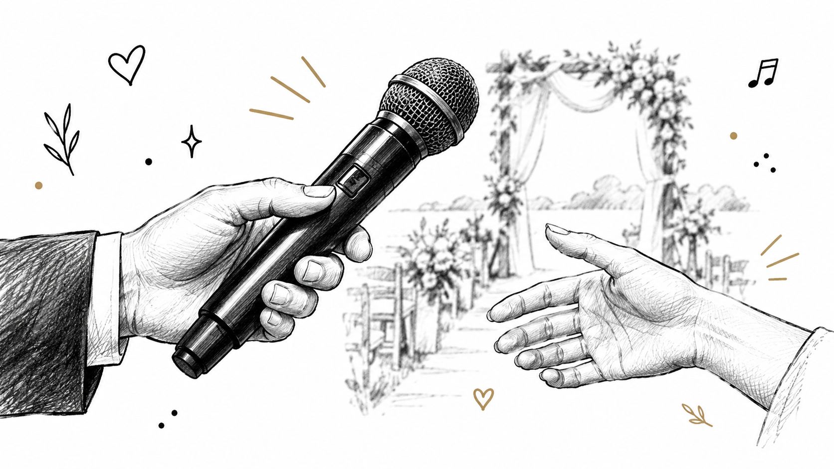 A hand holding a microphone towards another person against a scenic wedding ceremony background in pencil sketch.