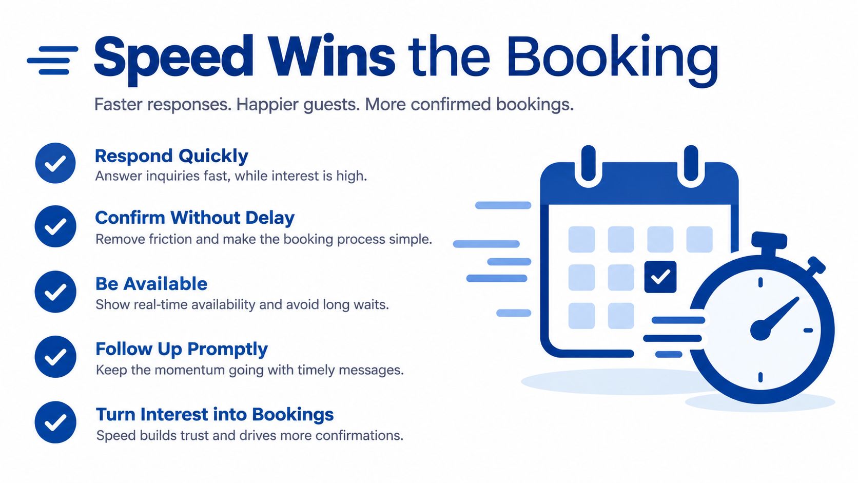 An infographic titled Speed Wins the Booking highlighting five tips for faster guest responses and more bookings.