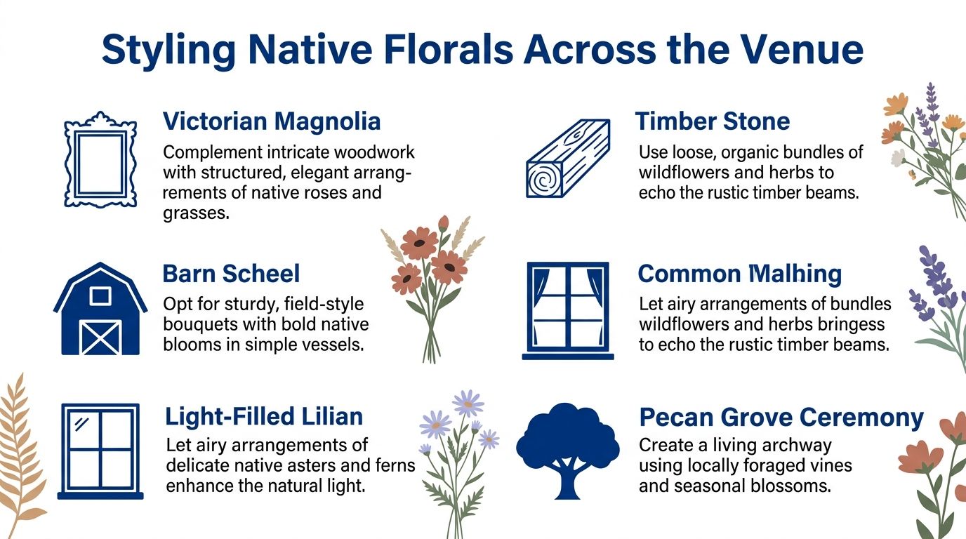 An infographic titled Styling Native Florals Across the Venue featuring six design styles with descriptive text.