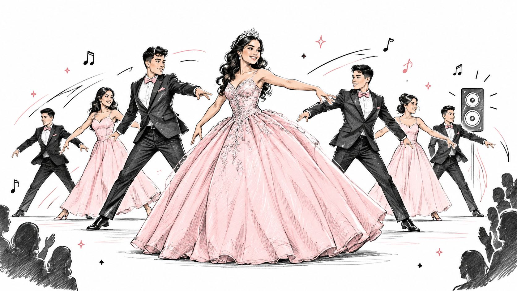 A quinceañera in a pink ball gown dancing with her court of honor on a grand stage.