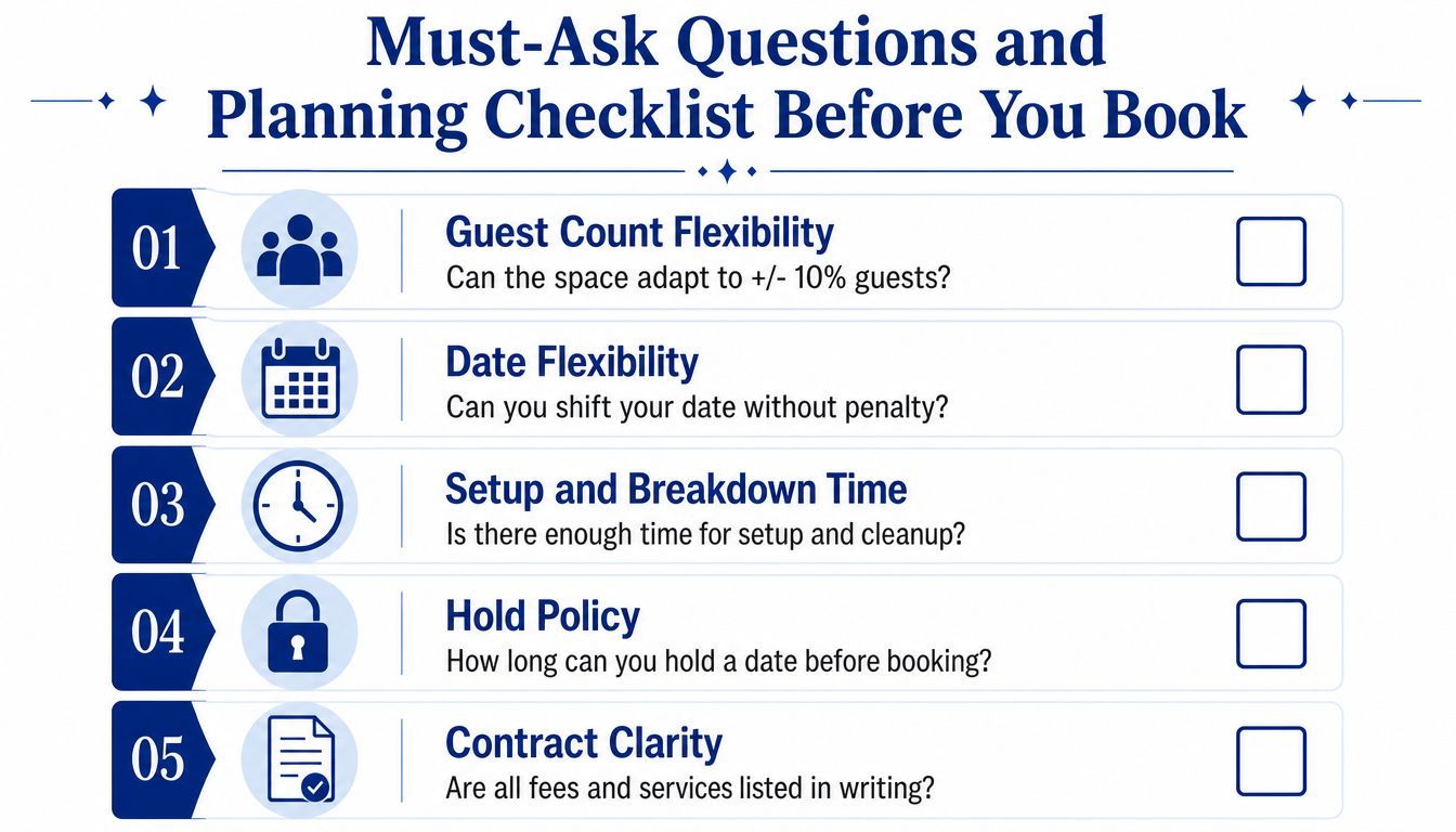 A checklist for renting a reception hall with five essential questions to ask before booking.