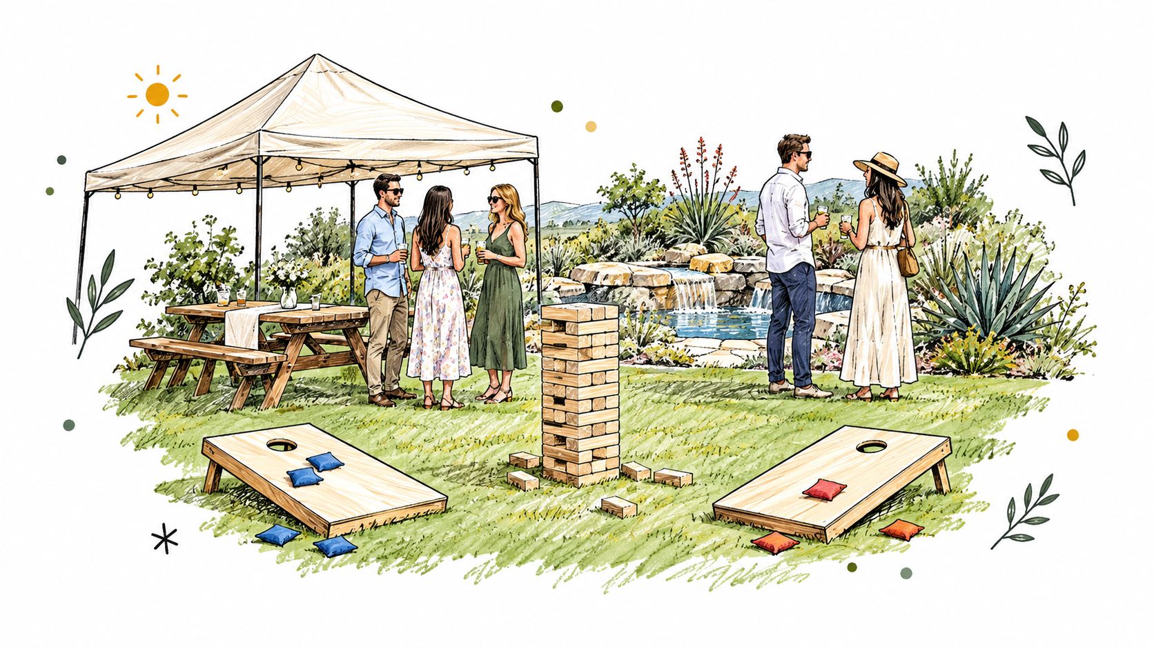 A group of friends enjoying drinks and lawn games at an outdoor backyard wedding anniversary garden party.