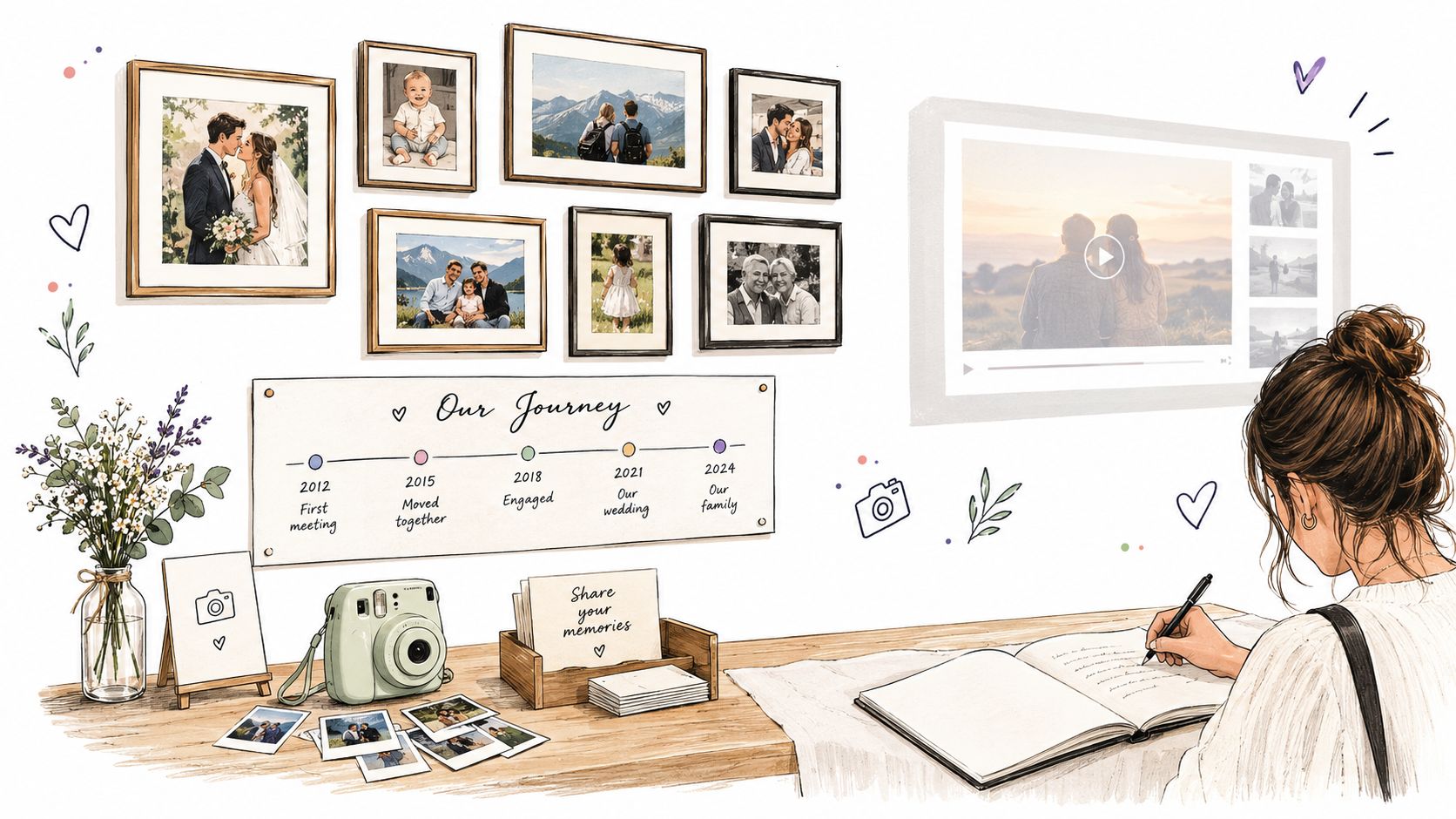 A woman sketching in a journal surrounded by framed photos and mementos of her wedding anniversary journey.