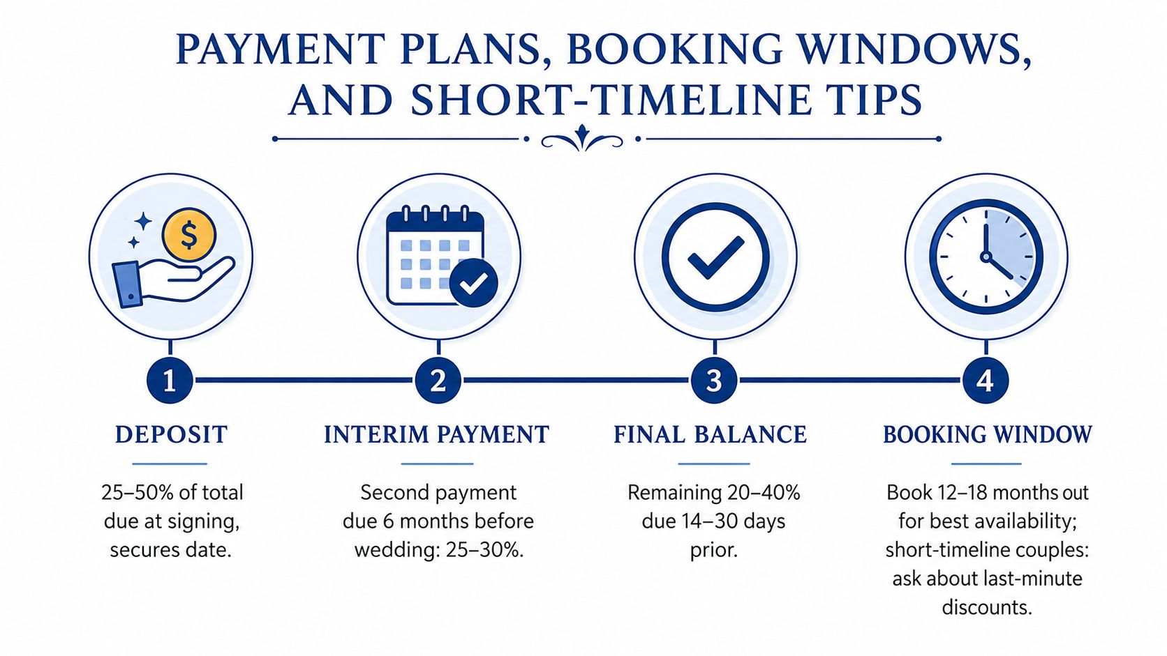 An infographic detailing wedding payment plans, deposit requirements, interim payments, final balance due dates, and booking timelines.