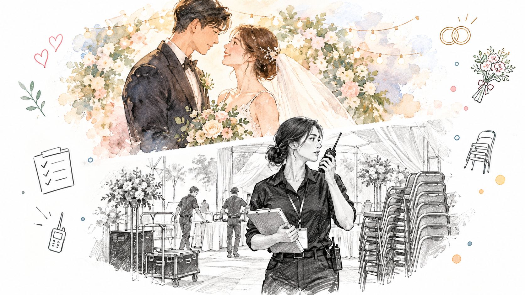 An illustration showing a romantic wedding scene above and a dedicated event planner managing venue setup below.