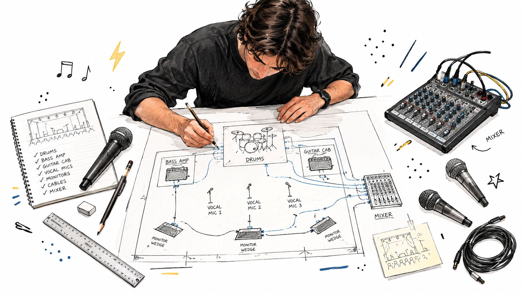 An artist drawing a detailed stage layout diagram for a live band performance on a white desk.