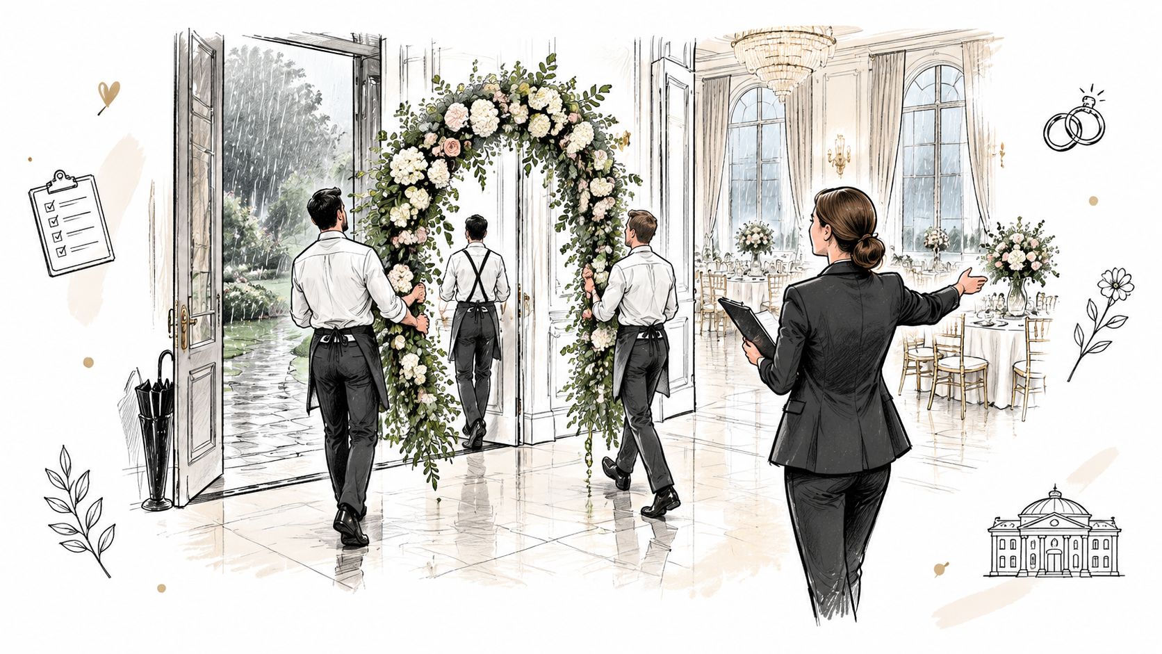 Wedding planners coordinate moving a floral arch indoors as rain falls outside during a wedding day.