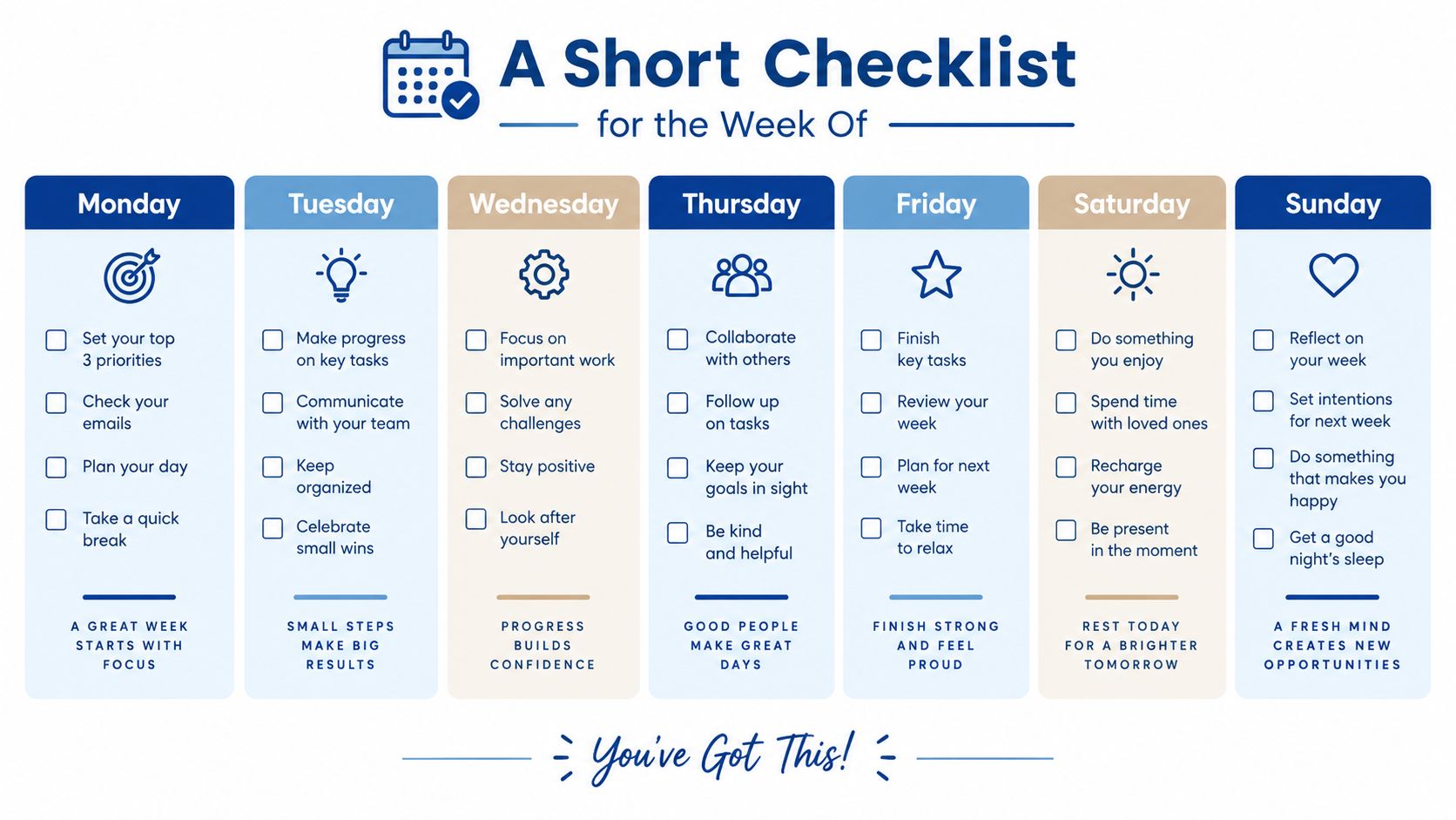 A weekly planning checklist infographic with daily tasks, motivational quotes, and a clean, organized design layout.