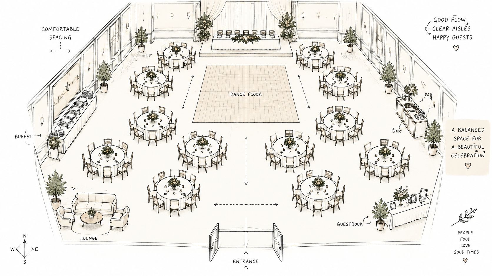 An illustrated floor plan of a wedding banquet hall featuring round tables, a dance floor, and decor.