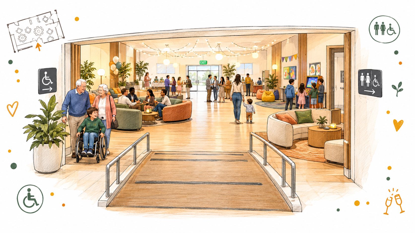 A warm, accessible community center hall with people socializing, playing arcade games, and enjoying an event.