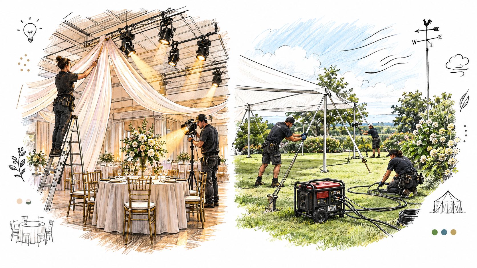 A split illustration comparing event setup teams decorating an indoor banquet hall and installing an outdoor tent.