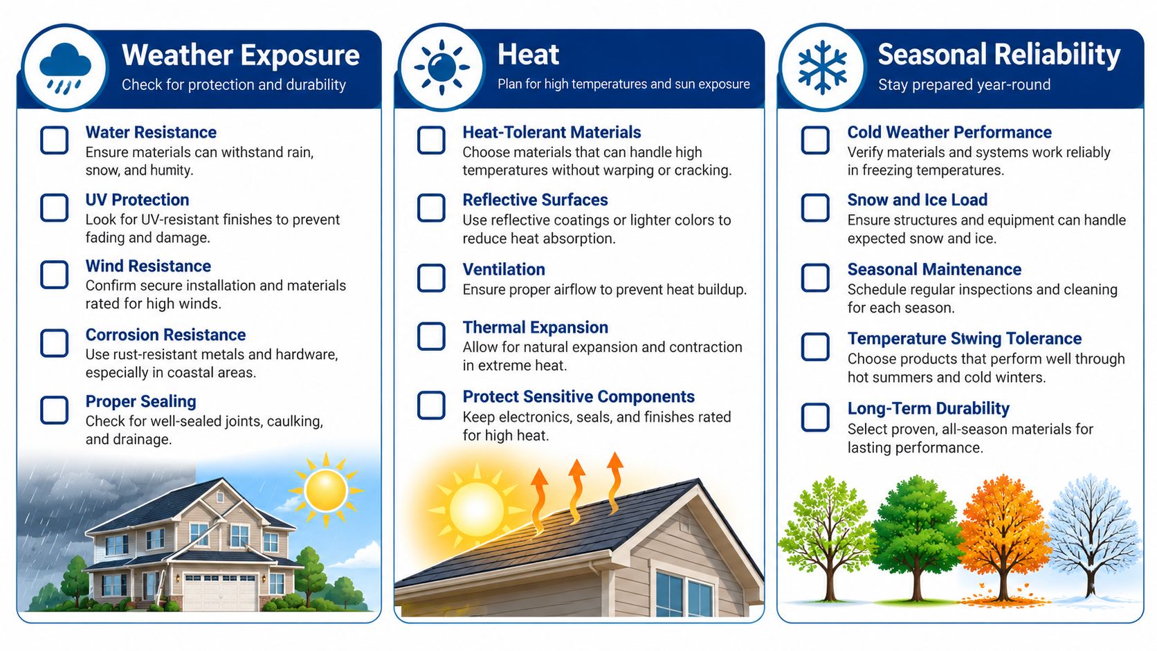 A checklist infographic detailing considerations for outdoor home maintenance regarding weather exposure, heat, and seasonal reliability.