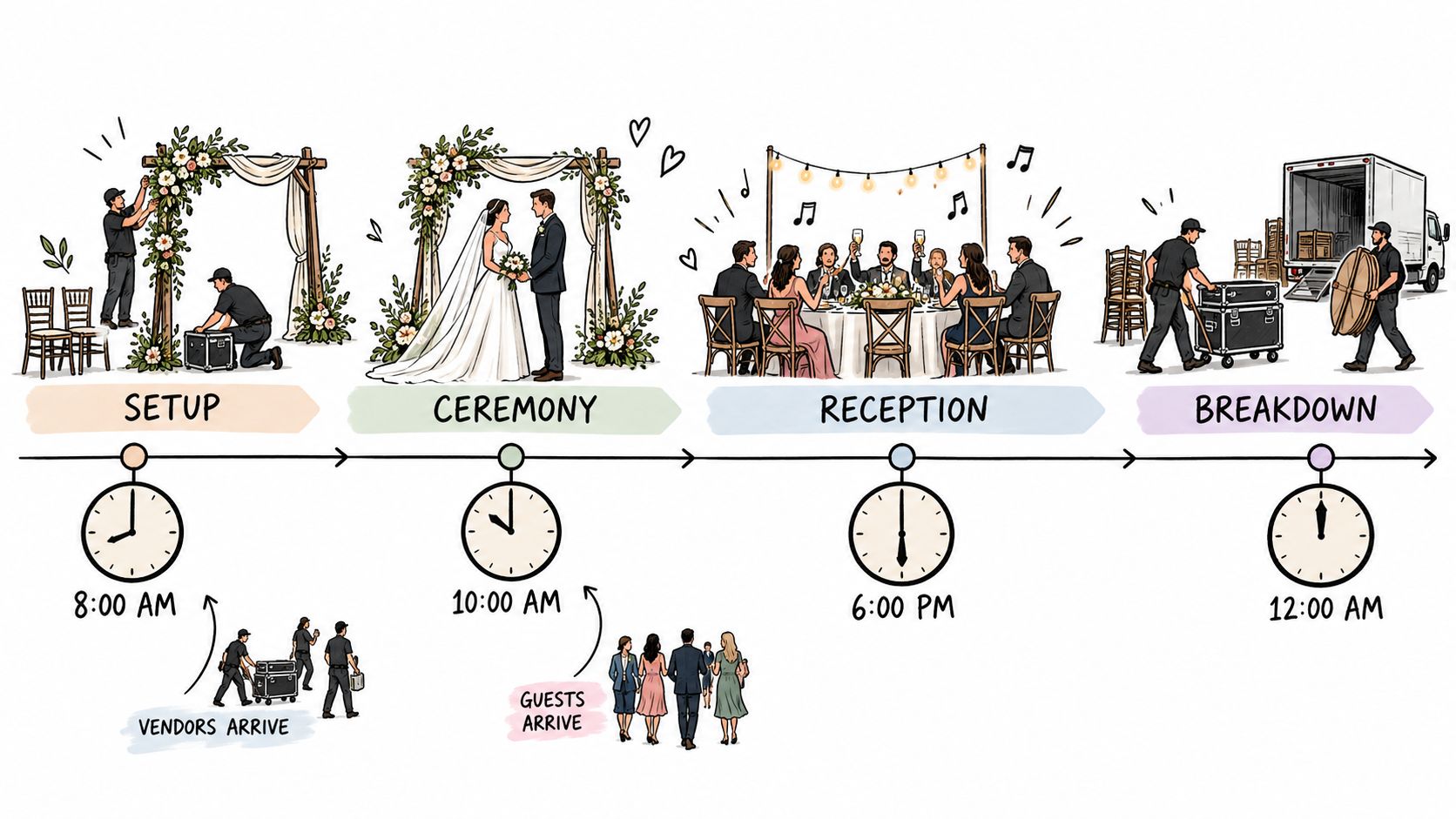 An illustrated timeline showing the stages of event logistics, including setup, ceremony, reception, and breakdown phases.