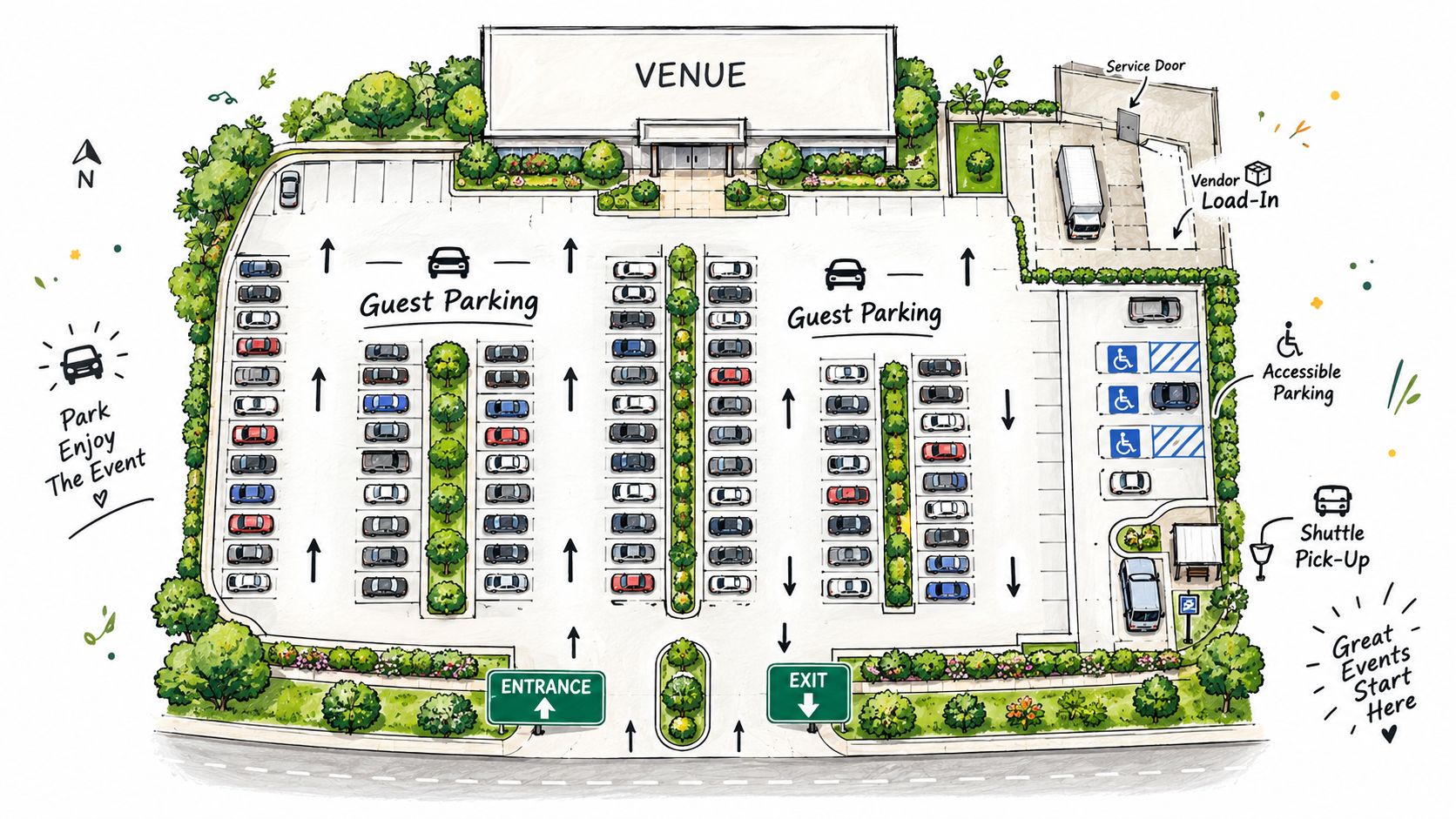 A top-down architectural illustration of a venue parking lot with guest parking spaces, accessible spots, and loading zones.