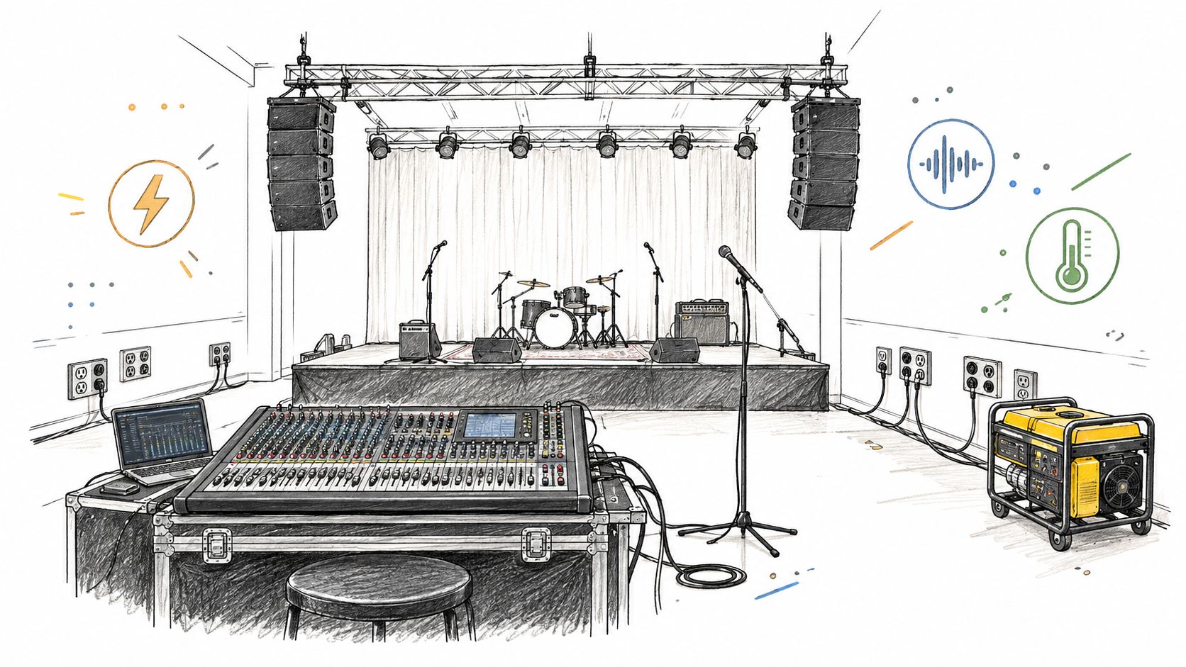 A hand-drawn sketch of a stage setup with musical instruments, audio equipment, and a portable generator.