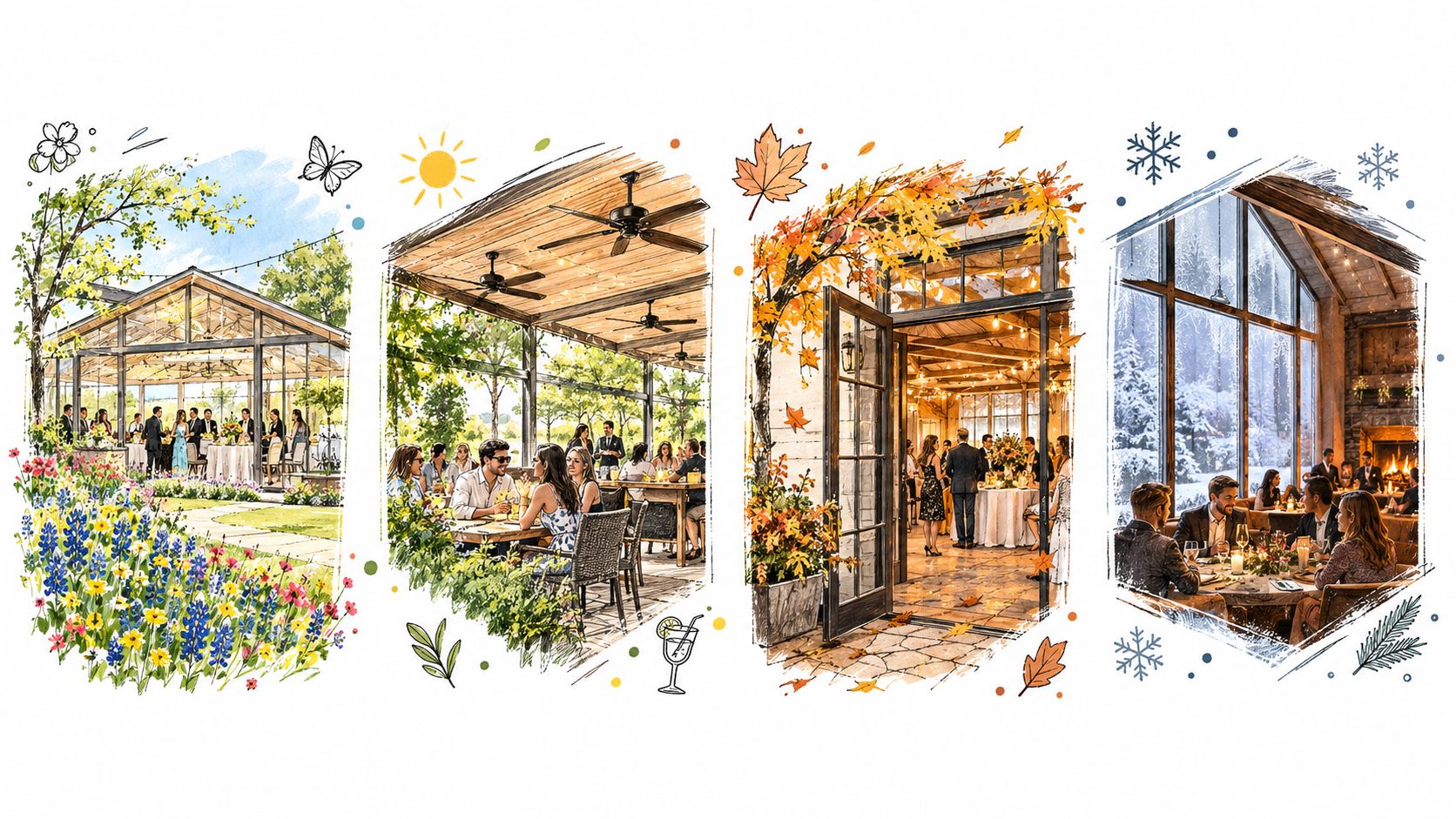 A conceptual illustration showing four different seasonal event venue settings, demonstrating versatile indoor climate controlled dining spaces.