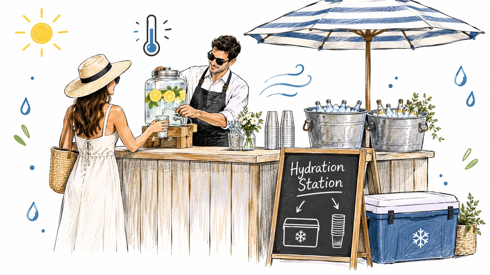 A man in an apron serving chilled lemon water to a woman at a rustic outdoor hydration station.