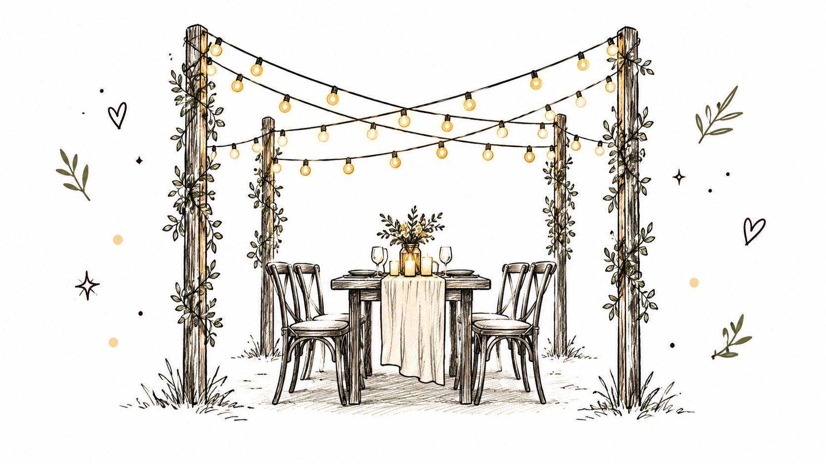 A hand-drawn sketch featuring an elegant dining table set for two under glowing string lights and wooden posts.