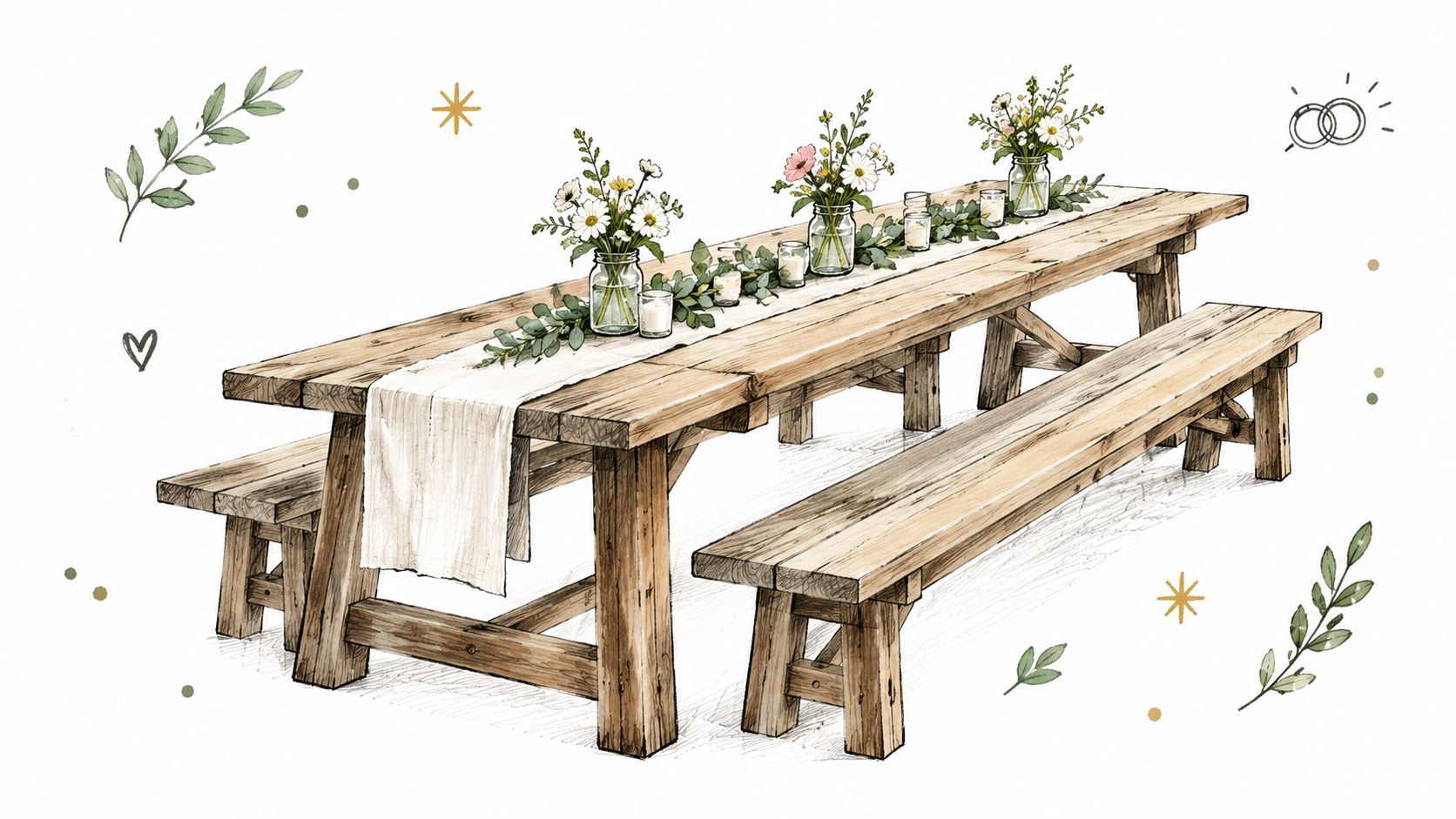 A rustic wooden farm table with benches, decorated with floral mason jars and greenery for weddings.