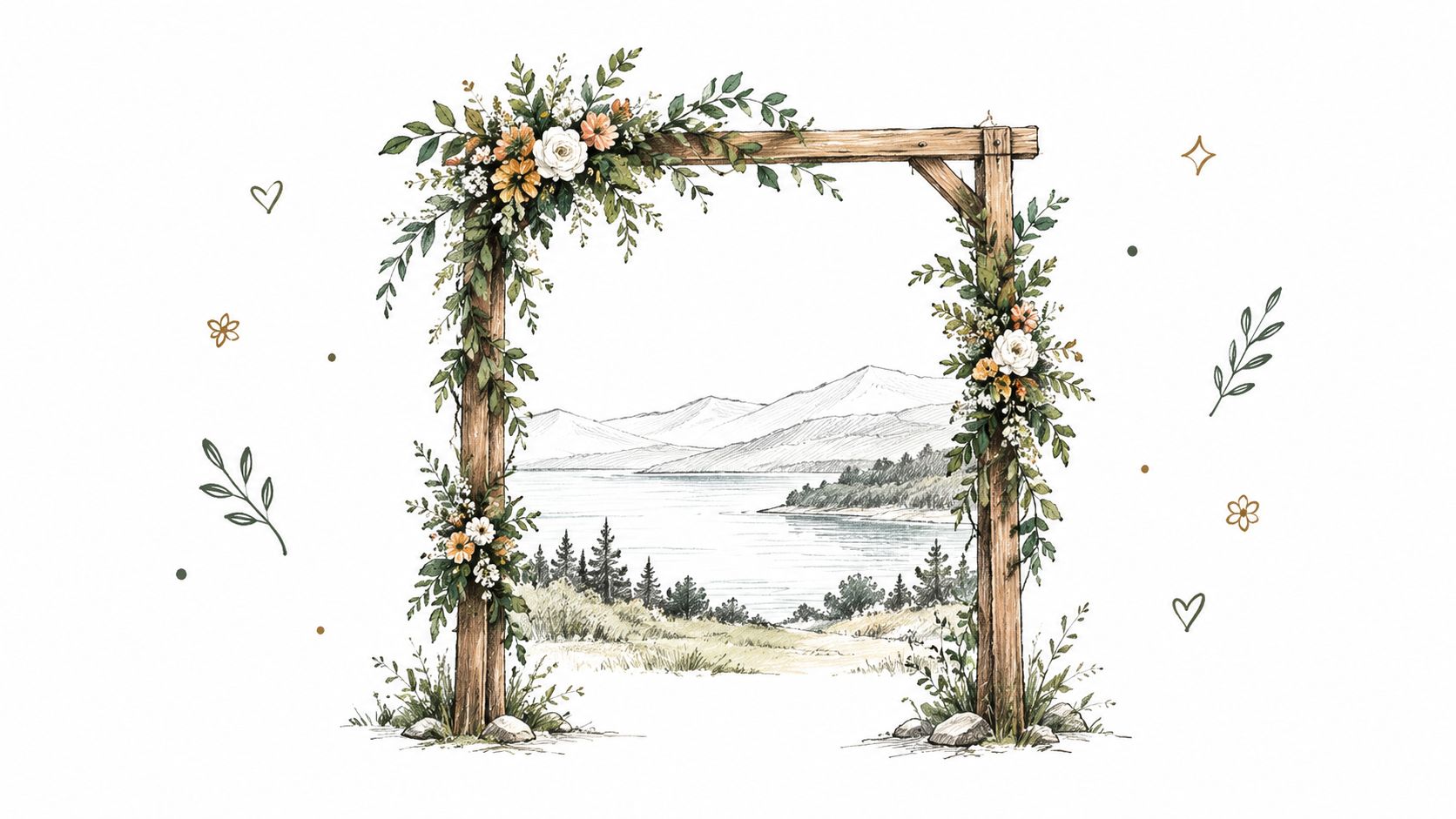 A rustic wooden wedding arch decorated with flowers and greenery overlooking a scenic lake and mountains.