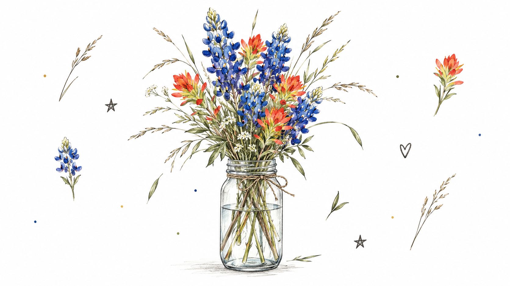 A beautiful watercolor illustration of Texas bluebonnets and Indian paintbrush flowers in a rustic mason jar.