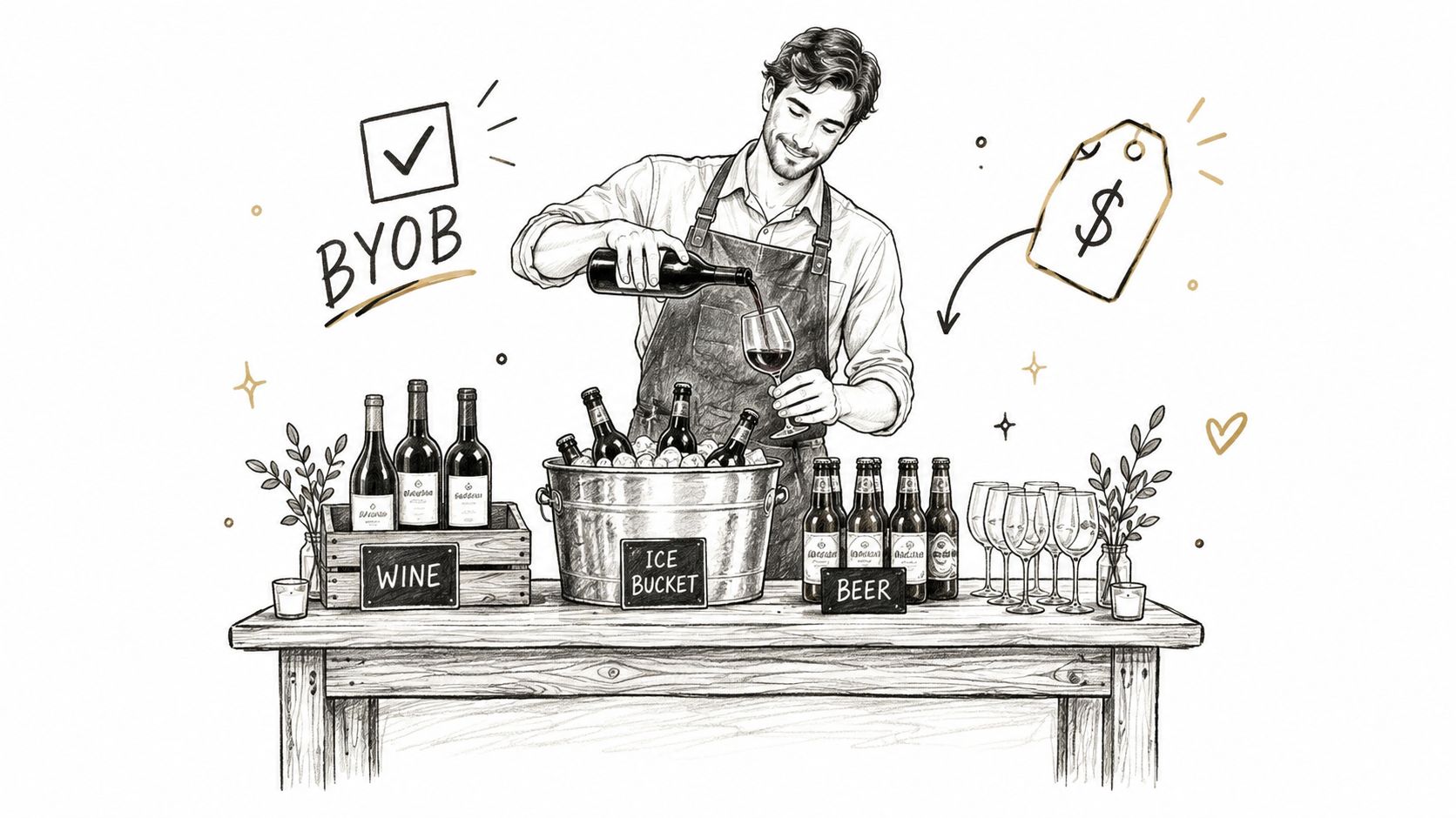 A sketched illustration showing a bartender pouring wine for an outdoor wedding on a budget event.