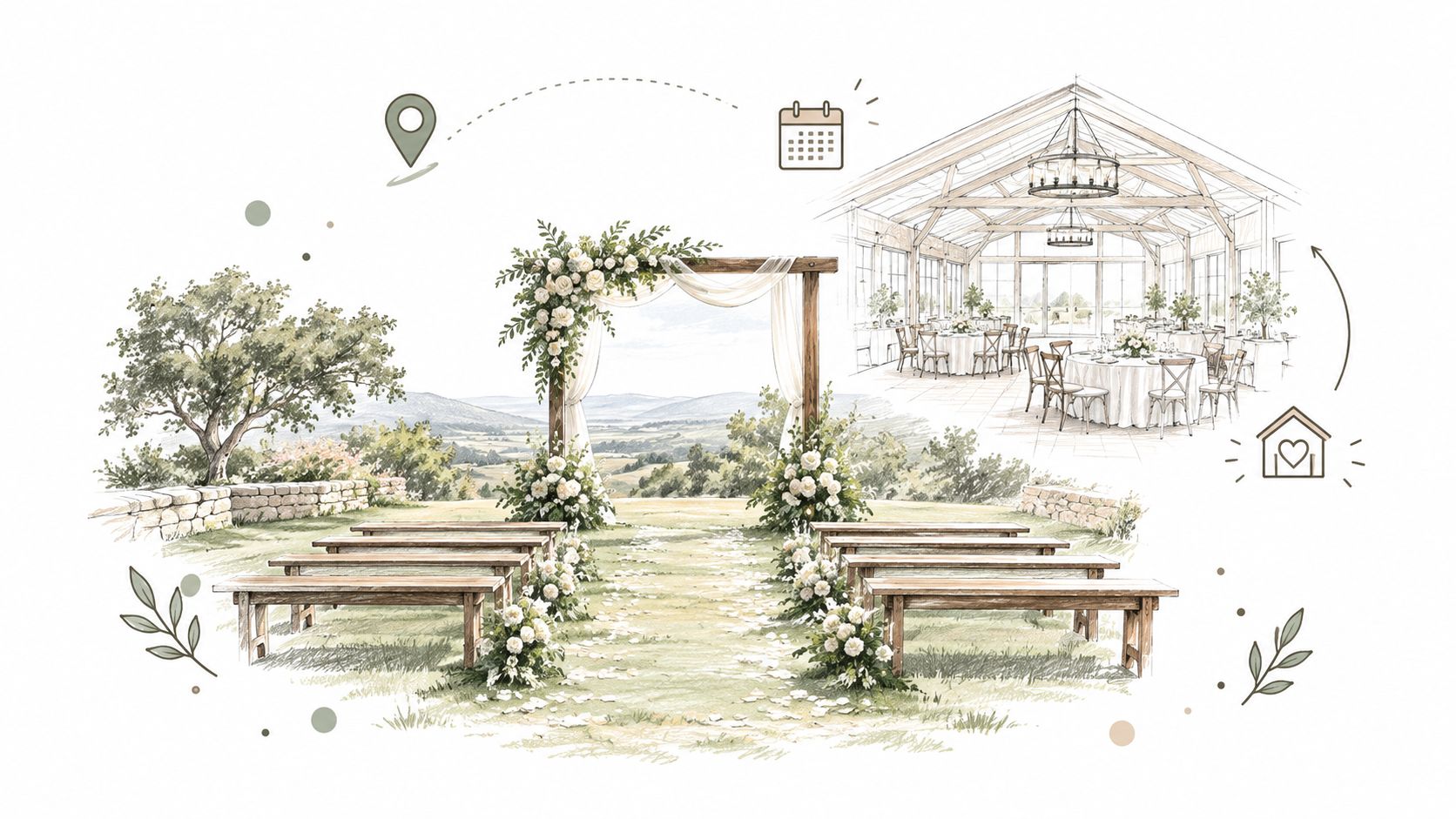 A scenic watercolor illustration depicting an outdoor wedding ceremony venue with benches and an elegant floral arch.