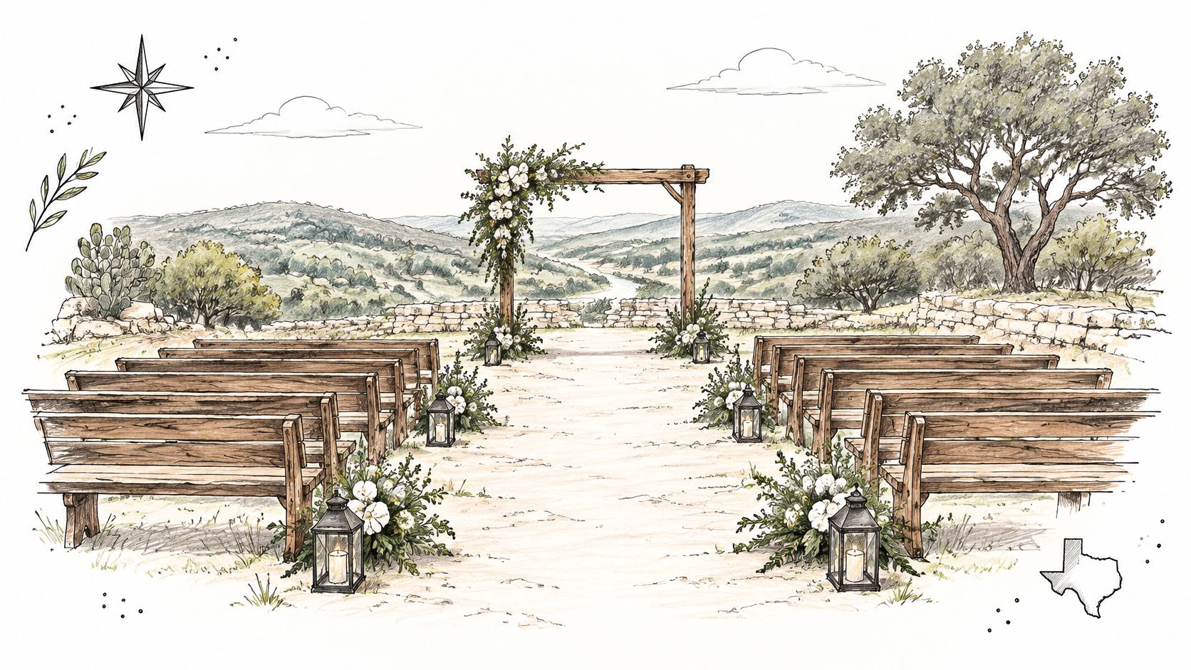 A scenic outdoor wedding ceremony setting featuring wooden benches, a floral archway, and lanterns overlooking rolling hills.