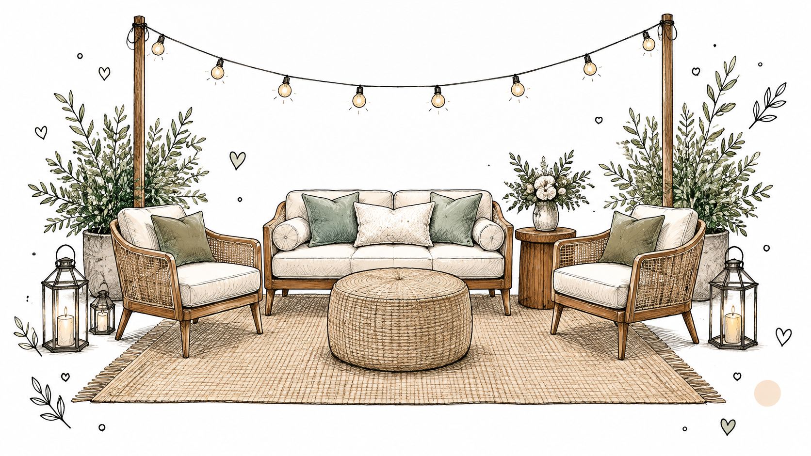 A cozy outdoor seating area featuring a rattan sofa, chairs, a woven ottoman, and decorative string lights.