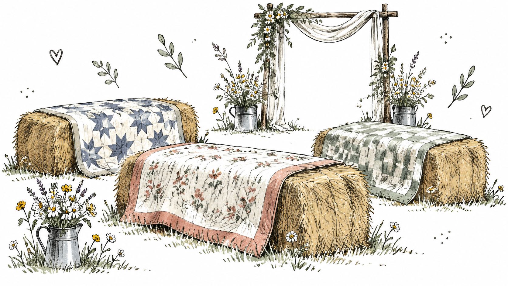 A rustic outdoor wedding scene featuring hay bales with patterned quilts and wildflower bouquets in metal pitchers.