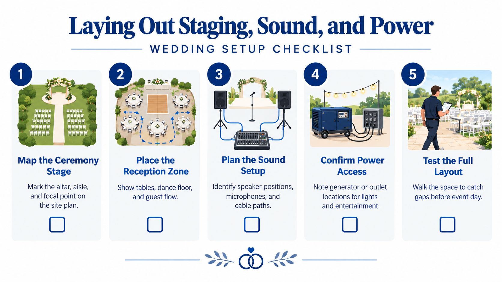 A five-step wedding setup checklist for organizing outdoor staging, sound systems, and power requirements for an event.
