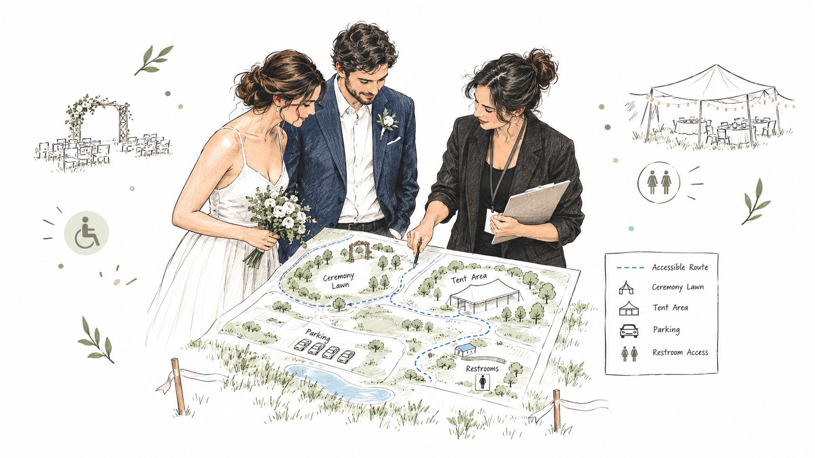 A wedding planner showing a bride and groom a map of an outdoor wedding venue layout.