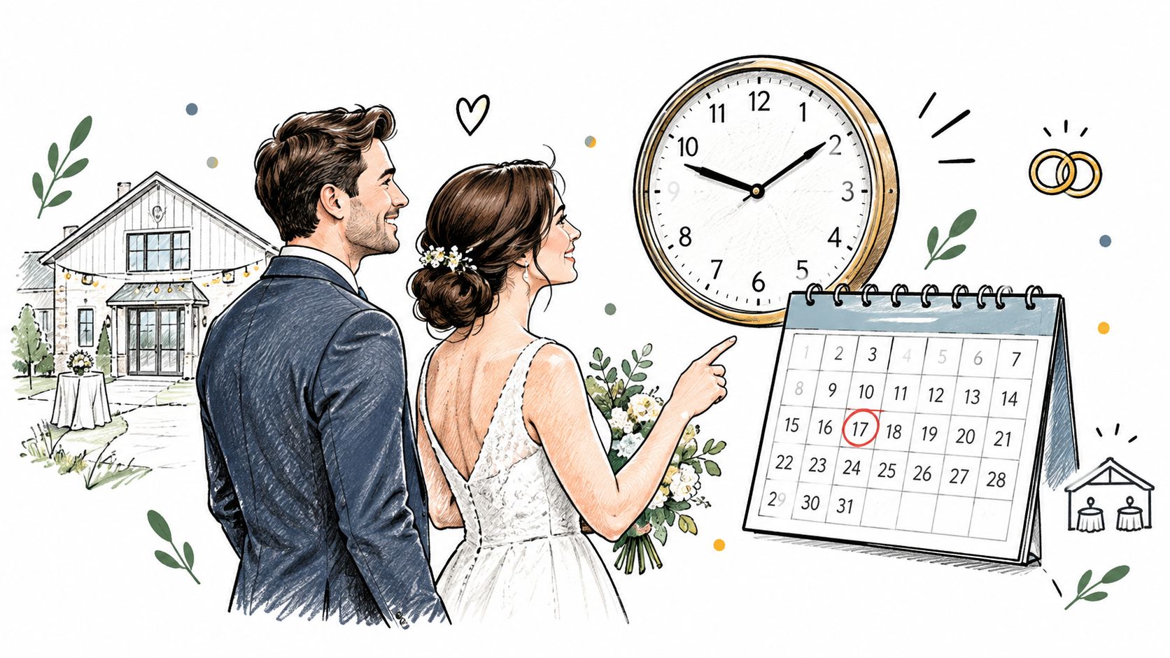 A happy couple in wedding attire looking at a calendar and clock while planning their venue.