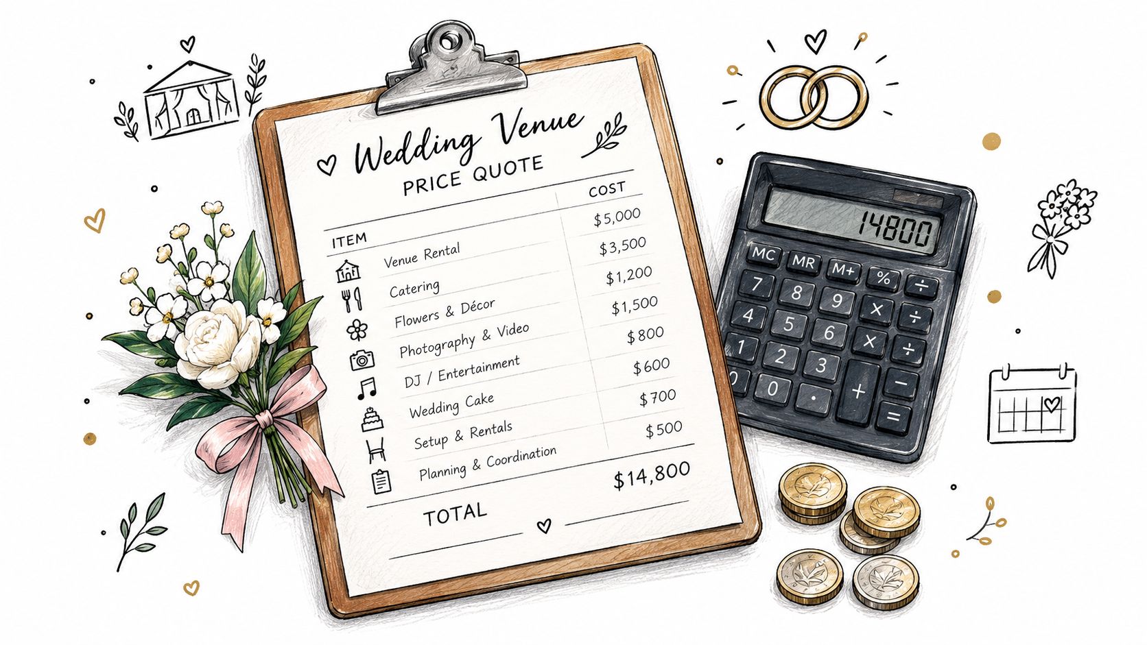 A clipboard showing a wedding venue price quote with a calculator, flowers, and coins on a white background.