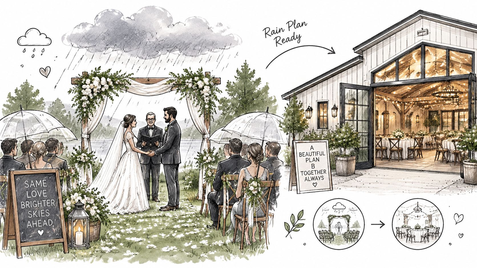 A detailed illustration showing an outdoor wedding ceremony under rain, transitioning to a cozy indoor barn reception.