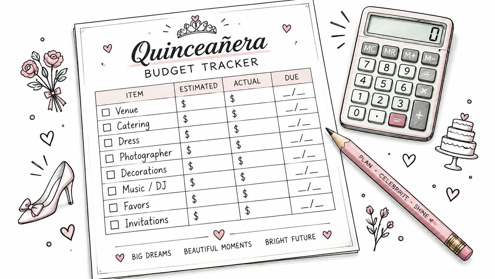 A Quinceanera budget tracker planner sheet with a calculator, pencil, and celebratory decorations on a table.