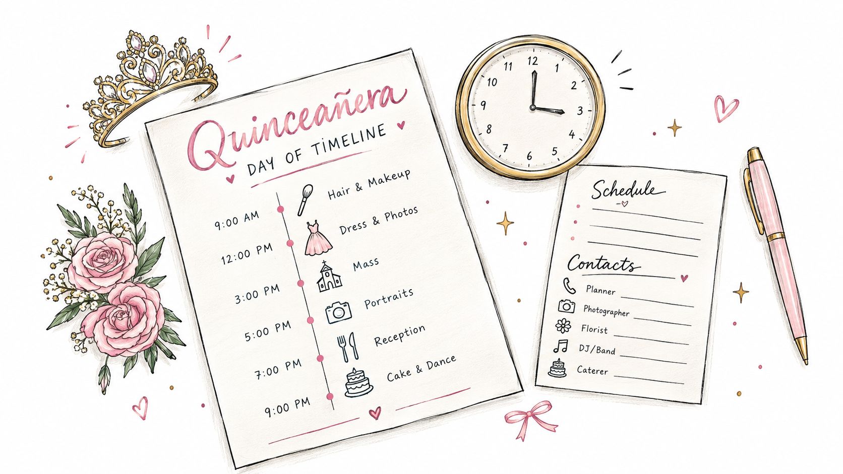 A Quinceanera planning checklist with a timeline, contact list, tiara, roses, and a pen on a desk.