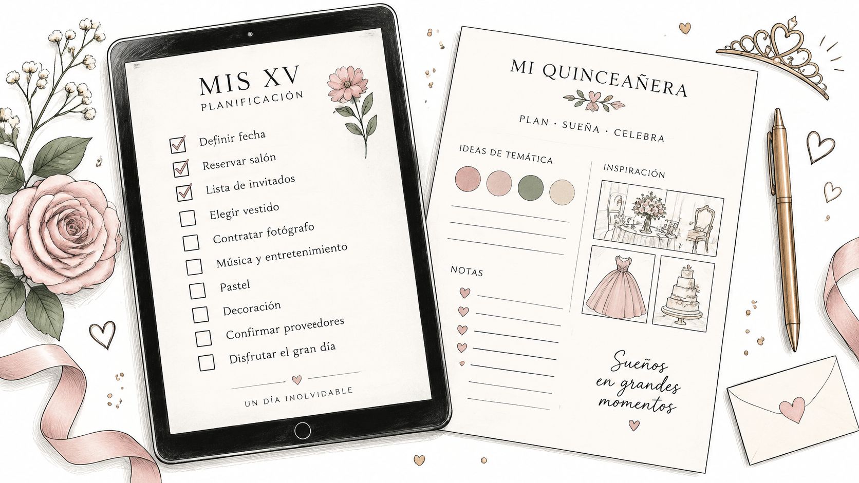 A Quinceanera planning checklist on a tablet and a matching planning sheet with a decorative pen.